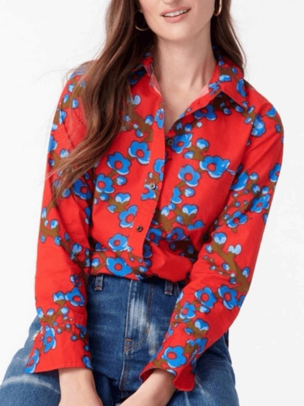 J. Crew Red Button-Down Shirt with Blue Floral Print